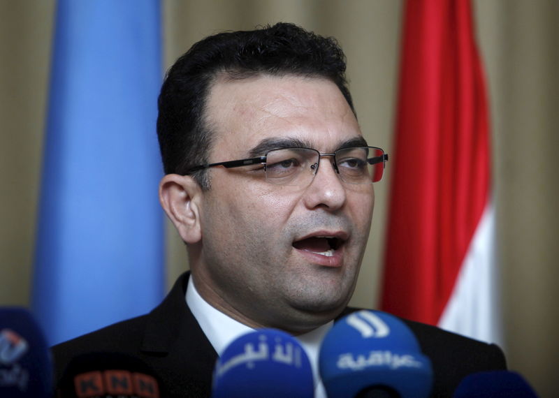 Minister of Migration and Displacement Jassim Mohammed al-Jaff delivers a joint statement to the media with U.N. humanitarian coordinator in Iraq Lise Grande in Baghdad